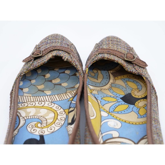 PF Flyers Pumps Womens 8 Low Wedge Brown Fabric Uppers Quill Leather Slip On - Picture 9 of 12